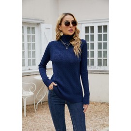 SANGTREE Women's Cable Kint Turtleneck Long Sleeves Lightweight Pullover Sweater, Cable Navy Blue, Medium