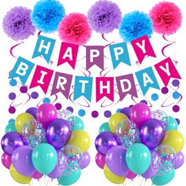 Purple Pink Blue Birthday Decorations for Girls Women with Hot Pink Metallic Purple Teal Yellow Banner Balloons Hanging Swirls Tissue Paper Pompoms and Circle Dots Garland