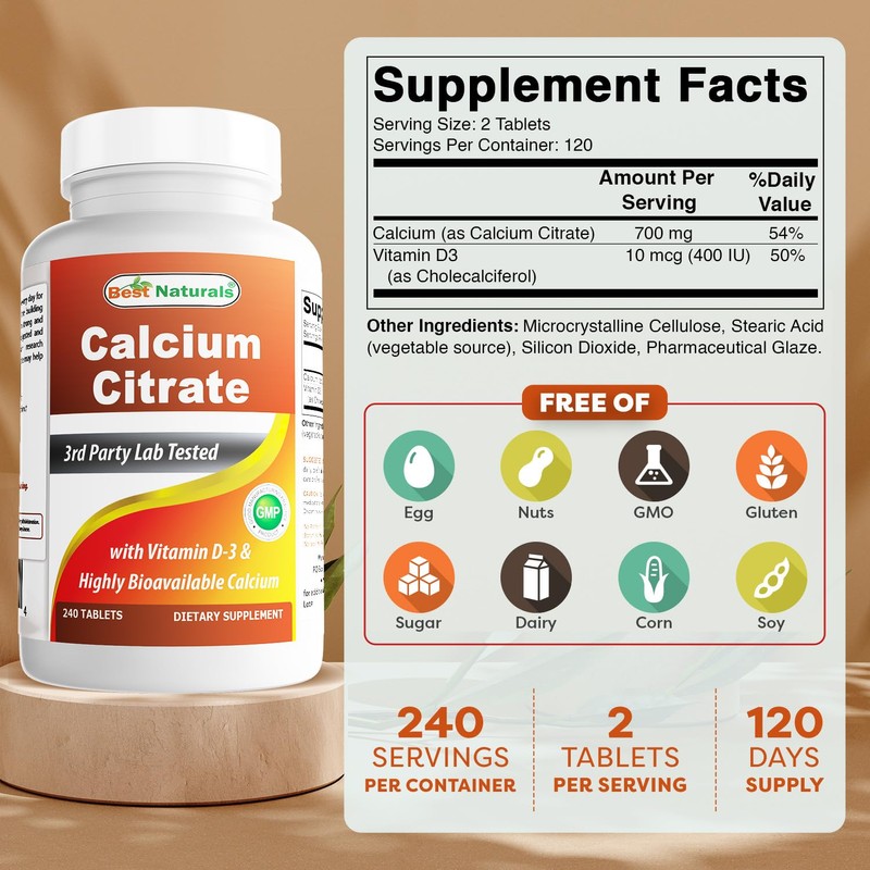 Best Naturals Calcium Citrate with Vitamin D-3 240 Tablets (240