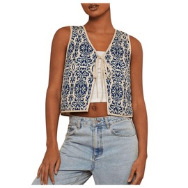 SHENHE Women's Tie Front Tribal Print Boho Vest Sleeveless Vintage Western Vest Outwear Blue and White Medium