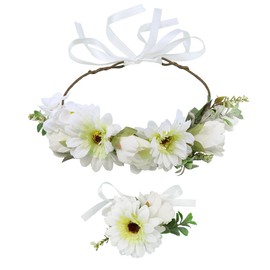 IYOU Flower Headband Set Wristband White Daisy Floral Crown Hair Garland Leafs Bride Bridesmaid Hair Accessories for Women and Girls