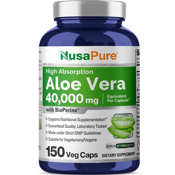 NusaPure Aloe Vera 40,000mg Per Veggie Caps | 150 Count | Aloe Vera Gel Supplement | Extract 200:1, Vegetarian, Gluten Free, Non-GMO, Bioperine