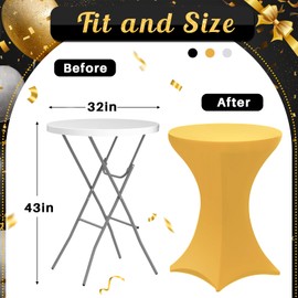 Preboun 6 Pack 32 x 43 Inch Graduation Spandex Cocktail Table Covers Fitted Stretch Cocktail Tablecloth Black White Gold Spandex High Top Table Covers for Graduation Bar Cocktail Party Round Tables