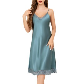 Sopesil Women's Negligees Satin Nightdress Spaghetti Strap Ladies Lace Nighties Chemise Slip V Neck Sleepwear Nightgown, Gray green, M