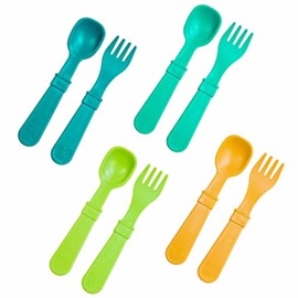 Re Play Made in USA Toddler Forks and Spoons, Pack of 8 Without Carrying Case - 4 Kids Forks with Rounded Tips and 4 Deep Scoop Toddler Spoons - 0.2" Thick Toddler Utensils, Aqua Asst