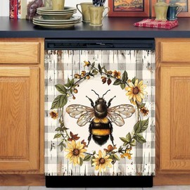 Bee Dishwasher Magnet Decoration,Flower Wreath Refrigerator Sticker,Wood Grain Texture Oven Magnets Decorative Cover,Farmhouse Kitchen Home Appliance Decorative,Magnets Vinyl Wrap Sheet,23Wx26H