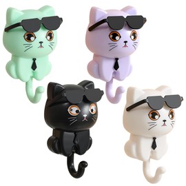 TECHPLUS 4 Pcs Sunglasses Cat Hooks: Kitten Key Holder Wall Mounted, Adhesive Decorative Keychains Organizer Coat Hooks for Entryway, Front Door, Hallway, Office