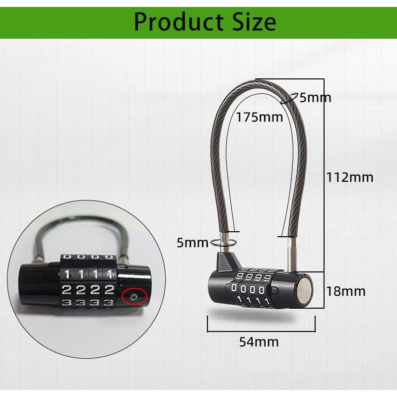 4 Digit Combination Padlock, 6.9 Inch Long Shackle Cable Lock