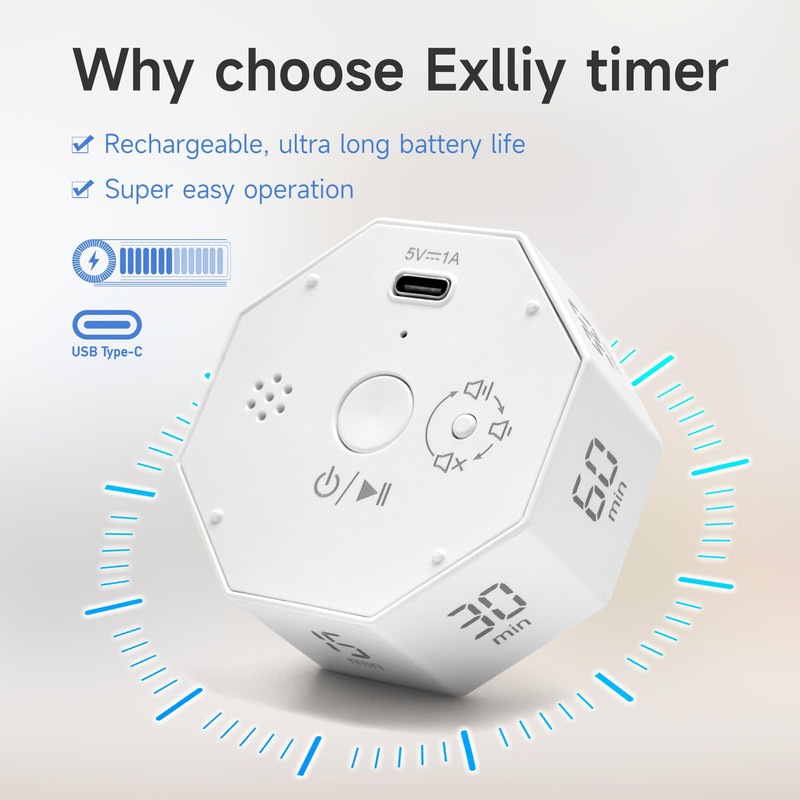 Exlliy Visual Countdown Timer 1,3,5,15,30,60,90 Minutes Preset, Desk Productivity Cube