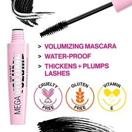 Mascara de Pestañas a prueba de Agua, Alta Fijación, Larga Duración, No se corre, No Transfiere, Wet n Wild Mega Volume Mascara impermeable, muy negro, 0.21 onzas