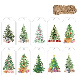 Doumeny 120PCS Christmas Paper Gift Tags Watercolor Xmas Tree Tags with Hemp Rope Merry Christmas Hanging Paper Tags Winter Holiday Name Tags Label Christmas Tree Decorative Tags for Gift Wrapping