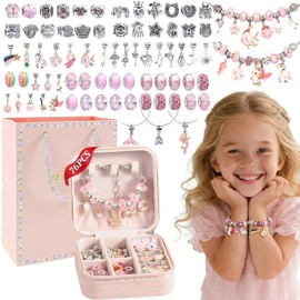 76 PCS Kit para Hacer Pulseras Niña, Pulseras Niña Manualidades, Kit de DIY Bisuteria de Collar, Kit para hacer pulseras con dijes para niñas, Cumpleaños, Navidad, a Niñas 4-13 Años (76 Piezas)