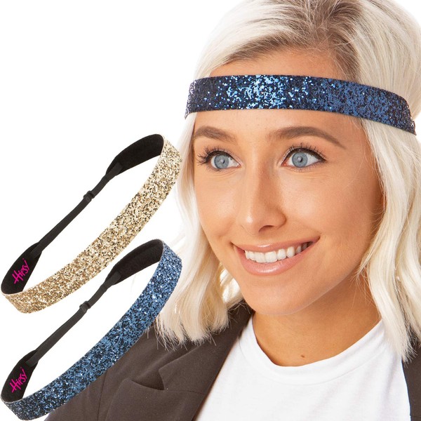 Hipsy Adjustable No Slip Wide Bling Glitter Headband 2-packs for Women Girls & Teens (Navy Blue & Gold)