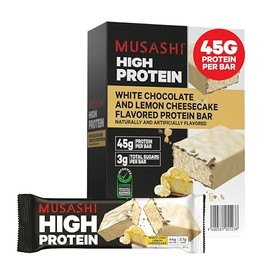 MUSASHI High Protein Bar, 44g Protein, 3.7g Total Sugars, Lemon Cheesecake, Post Workout and Protein Snack On The Go, 12 Pack of 3.2oz (90g) Bars