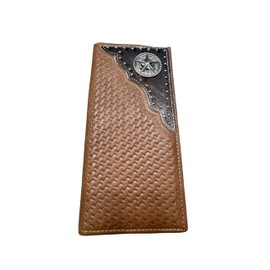 Urbalabs Mens Long Wallet Basketweave Tooled Cow Hair Leather Lone Star Concho Checkbook Style Cowboy Hand Crafted High End Mens Wallets Leather Gifts For Men (Brown)
