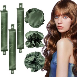 6 Pcs Heatless Hair Curling Set - Satin Overnight Curling Headbands for Beautiful Curls Without Heat Damage - Color: Olive Green