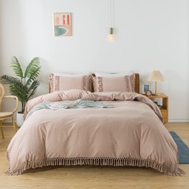 Softta Boho Queen Size 3Pcs Duvet Cover Set Lightweight Aesthetic for Girls Bedding Set 100% Washed Cotton Tassel Fringed Vintage Elegant Ruffle Duvet Covers Set Taupe