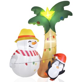 7FT Christmas Inflatables Hawaiian Palm Tree,Creative Lighted Outdoor Christmas Inflatable Tree Snowman and Penguin,Cute Holiday Blow Up Outside Yard Decoration