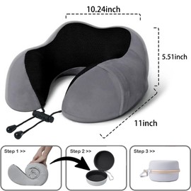 WQLWAZ Travel Neck Pillow, 100% Pure Memory Foam Neck Pillow with 3D Eye Mask, Ear Plugs and Luxury Storage Bag, Comfortable and Breathable, Machine Washable, Must-Have for Airplane Travel, Gray
