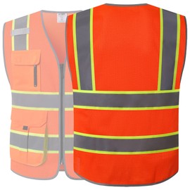 JKSafety 9 Pockets Hi-Vis Mesh Safety Vest for men and women | Chaleco reflectante de seguridad | Zipper Front | Multiple Pockets | Class 2 (140-Orange L)
