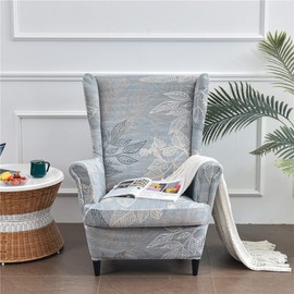 Highdi 2-Piece Wing Chair Cover with Ottoman Protective Cover, Armchair Throws, Wing Chair Protective Covers, Stretch Tiger Chair Cover with Armrest, High Backrest (Simple Leaves)