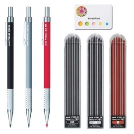 Uni Mechanical Pencil, Field, 2.0mm, (HB + 2H + Red) set of 3 (M207001PHB,M207001P2H,M207001P.15) + 3 Replacement wick field set(HB,2H,Red) and amazdone Sticky Notes