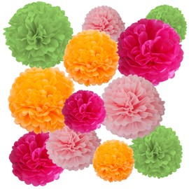 ZOOYOO Pink Orange Green Paper Pom Poms, Tropical Party Decoration, Hawaiian Tissue Paper Pom Poms Luau Decorations for Summer Birthday Anniversary 12PCS