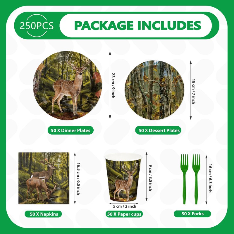 250Pcs Deer Hunting Party Decorations for Men Women, Serves 50