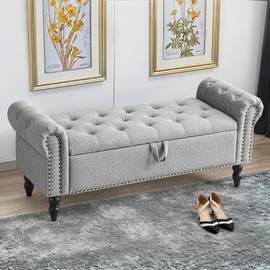 Furnibetter 51”Storage Ottoman Bench, Upholstered End of Bed Bench Storage Bench with Button-Tufted Large Bedroom Bench Accent Bench Indoor Bench for Living Room, Linen, Grey