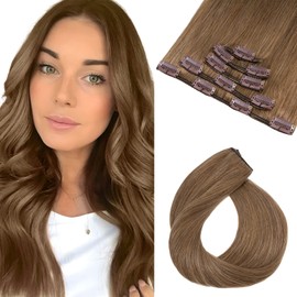 Elailite Remy Human Hair Extensions Real Hair - Clip-In Real Hair Extensions Clip - Straight - 14 Inches (35 cm / 60 g) #06 Light Brown Pack of 5