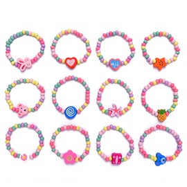 YUTOU Pack of 12 Colourful Wooden Friendship Bracelets, Girls' Bracelets, Bead Bracelet, Charm Bracelet, Children's Jewellery, Colourful Animal Flower Bracelets, Children's Wooden Bracelet Set for