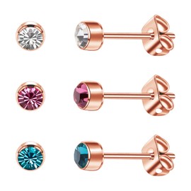 Artskin 3 Pairs/Set Women's Stud Earrings Titanium Girls' Earrings Hypoallergenic Crystal Men's Studs 4mm Nickel Free Rose Gold Plated Earring
