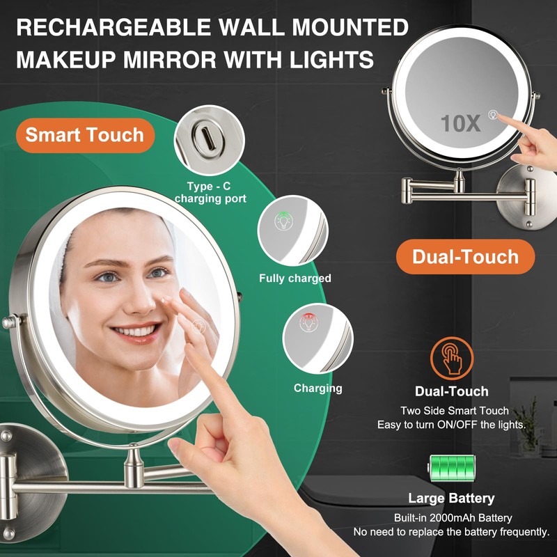 GREENFROM Rechargeable Wall Mounted Makeup Mirror Brushed Nickel, 8.5'' Magnifying
