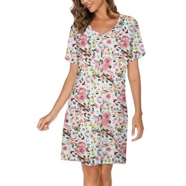 Kabento Nightgowns for Women Cotton Sleep Shirts Short Sleeve Sleepwear, Lake Blue Floral, X-Large