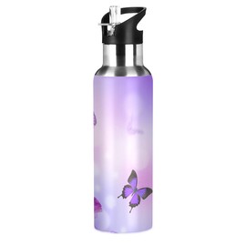 xigua Purple Butterfly Water Bottle with Straw Lid Vacuum Insulated Stainless Steel Thermo Flask for Sports Cycling Hiking School Home,20 oz.