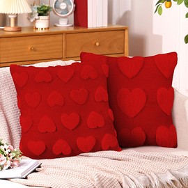 HunnmingRe 2 Pcs Valentine's Day Heart Throw Pillow Covers 18x18 Inch Embroidery Heart Love Pillow Cases Plush Faux Fur Pillowcase Valentines Day Decor for Home Living Room Bed Couch Covers(Red)