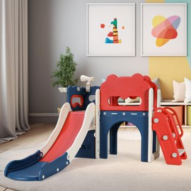 MAMIZO 8-in-1 Large Toddler Slide, L-Shaped Kids Slide with Long Slope, Baby Climber Slide Playset w/Enclosed Steps, Telescope, Basketball Hoop, Tunnel, Indoor Outdoor Slide for Age 3+ (Red & Blue)