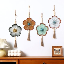 Tandefio 4 Pcs Metal Flower Wall Decor 7.9 x 22 Inch Large Metal Wall Art Decor Rustic Blue Floral Hanging Art for Living Room Home Bathroom Bedroom Indoor Outdoor (Retro)