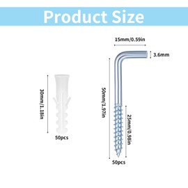 Pack of 50 Screw Hooks with Expansion Tube.Zinc Plated Wall Hooks for Screwing M6 Expansion Pipes.Blue L-Shaped Right Angle Hook - Wall Mount for Home Use - Corrosion Resistant