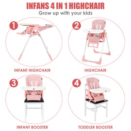 INFANS 4 in 1 High Chair–Booster Seat, Convertible Highchair w/Adjustable Height and Recline,Removable Tray,DetachableCushion, Installation-Free,Simple Fold for Baby, Infant& Toddler (Pink)