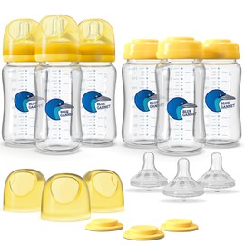 Blue Gannet Multipurpose Anti-Colic Glass Baby Bottles with Slow Flow and Natural Flow Nipples, Breast Milk Collection and Storage Bottles, Wide-Neck Breast Pumps Compatible, 6-Pack (8oz)