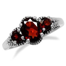 Silvershake 3-Stone Prong Set Gemstone 925 Sterling Silver with Antique Finishing Right Hand Ring, 9, Sterling Silver Rhodium/White Gold & Antique Finishing, Natural Red Garnet-Rhodium with Antique