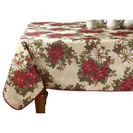 Violet Linen European Holiday Christmas Poinsettia Garden Design Decorative Printed Tablecloth, 60" X 102, Beige