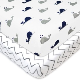 American Baby Company Printed 100% Natural Cotton Jersey Knit Fitted Portable/Mini-Crib Sheet, Navy Whale/Grey Zigzag, Soft Breathable, for Boys & Girls, Pack of 2