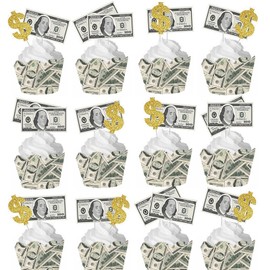 48Pcs 100 Dollar Bill Cupcake Wrappers and Toppers Set Currency Symbol Cupcake Holders with Treat Picks Kit Money Themed Party Decorations Supplies for Birthday Wedding Bachelorette Casino Party