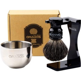 ANBBAS Shaving Brush Set, 3-Piece Set, Badger Hair Brush, Stainless Steel Bowl, Black Stand, Foaming Facial Cleansing Brush, For Men, Gift, Shaving, Care