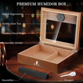 XIFEI Cigar Humidor, Cedar Wood Desktop Humidors with Digital Hygrometer, Humidifier & Divider, Cigar Gift for Men, Glass Top Cigar Humidors Holds 20-35 Cigars