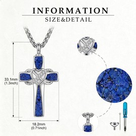 LUANIOL Cross Urn Necklaces 18K White Gold Plated Turquoise/Opal/Lapis lazuli Cross Cremation Jewelry for Ashes Memorial Ashes Necklace for Loved Ones (Lapis lazuli)