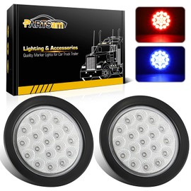 Partsam 2Pcs 4 Inch Dual Revolution Round Red Stop Turn Tail Lights to Blue Auxiliary Lights 19 Diodes w/ Rubber Grommet 3-Prong Wire Pigtails Red/Blue 4" Round Led Trailer Tail Lights 12V Clear Lens