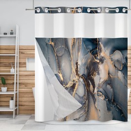 Baocicco No Hook Blue Gold Marble Shower Curtain with Snap in Liner Gold Texture Luxury Modern Shower Curtain with Snap-in Fabric Liner Set Double Layer Waterproof Bath Hotel Curtain Set 71x74 Inch